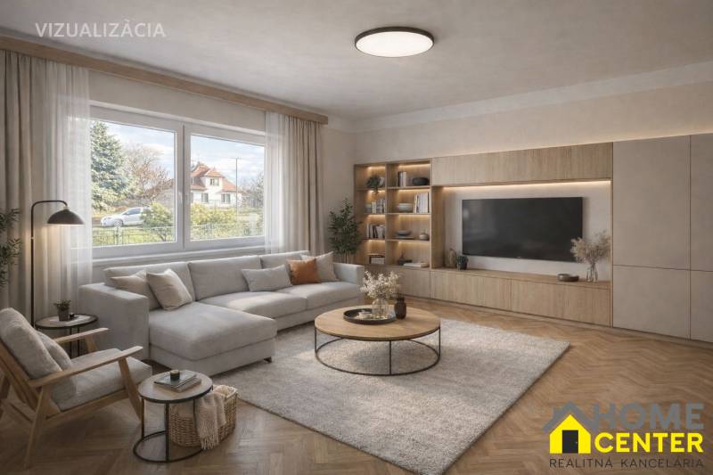 Nappali egy családi házban kényelmes ülőgarnitúrával és fa mintázatú padlóval.