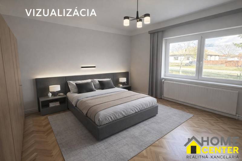 Hálószoba családi házban szőnyeg dekorációval és ággyal, nagy ablak kilátással.