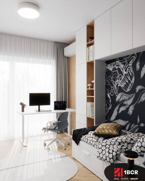 Gyerekszoba egy 4 szobás lakásban dolgozósarokkal és fa dekorációjú padlóval.