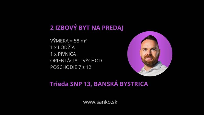 2 szobás lakás eladó a Banská Bystrica SNP sugárúton, 58 m², loggiával.