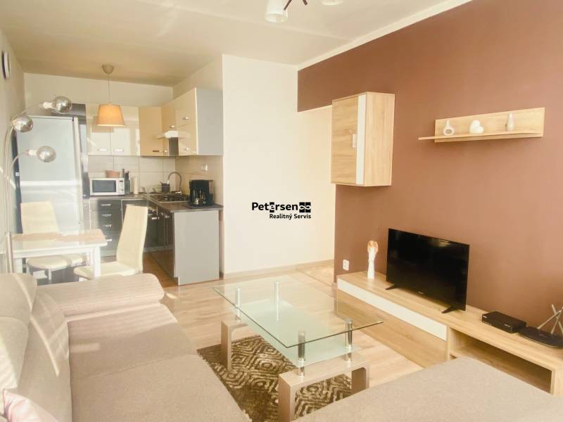 Nappali egy kétszobás lakásban kanapéval, TV-vel, konyhával és fa dekoros padlóval.