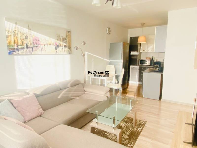 Nappali kanapéval és konyhával, 2 szobás lakás, fa mintázatú padló.