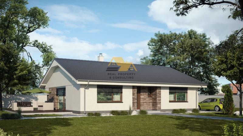 Családi ház terasszal Érsekújváron, fákkal körülvett utca, zöld autó.