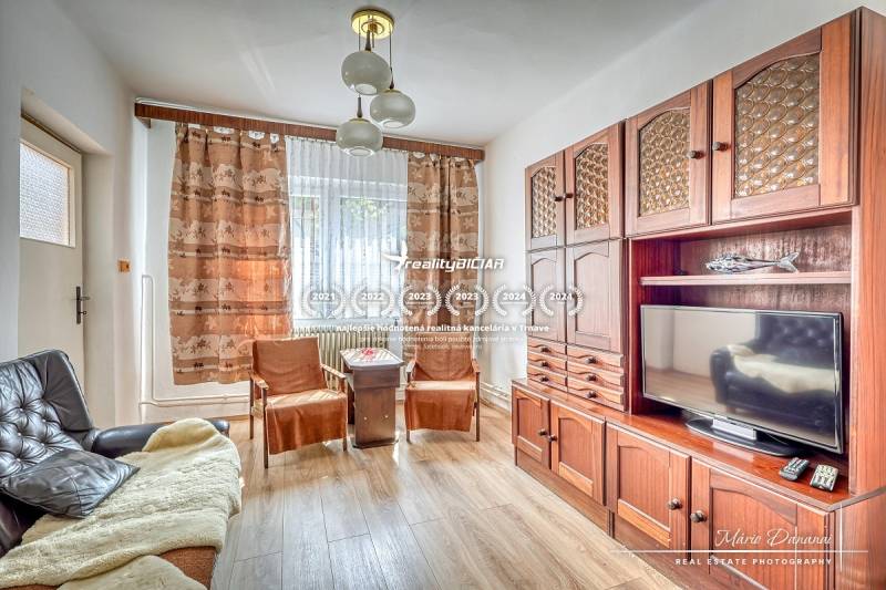 Nappali szoba fa bútorzattal, kanapéval és televízióval egy családi házban.