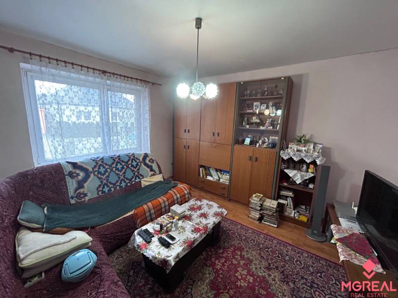 Nappali egy családi házban dekoratív szőnyeggel és kanapéval.