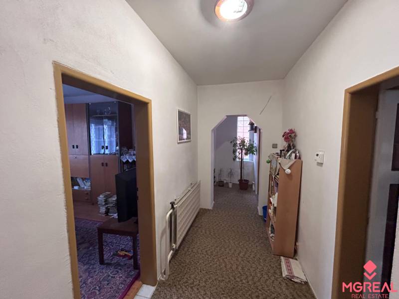 Folyosó szőnyeggel és szobanövényekkel egy családi házban.