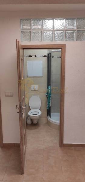 Fürdőszoba egy egyszobás lakásban WC-vel, zuhanyzóval és csempével.