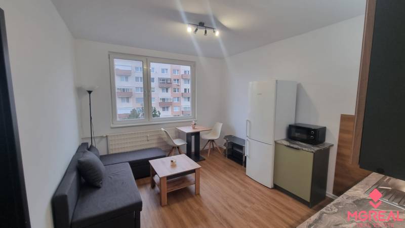 Egyszobás lakás nappalija kanapéval, asztallal és fa dekor padlóval.