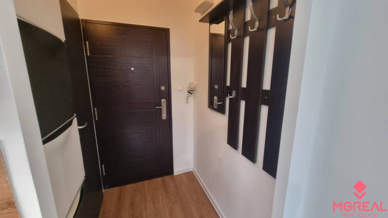 Előszoba fa dekor padlóval és sötét bútorokkal, 1 szobás lakás.