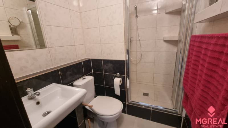 Fürdőszoba zuhanyzóval és WC-vel egy egyszobás lakásban, sötét tónusokban.