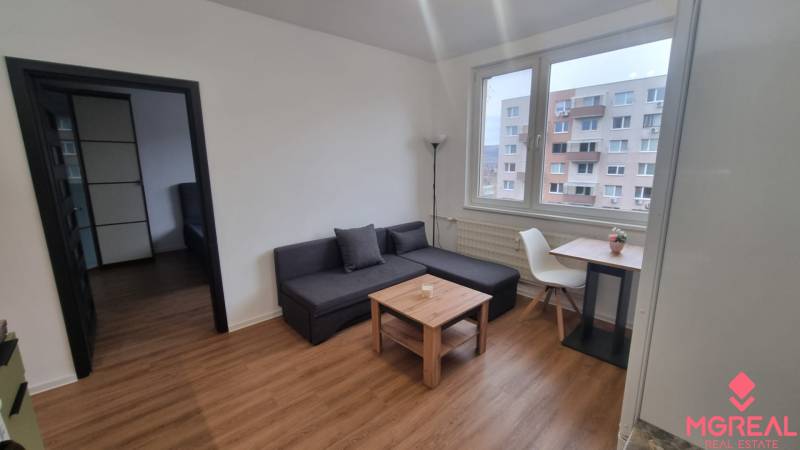 Nappali egy egyszobás lakásban kanapéval, asztallal, székkel és fa dekorációjú padlóval.