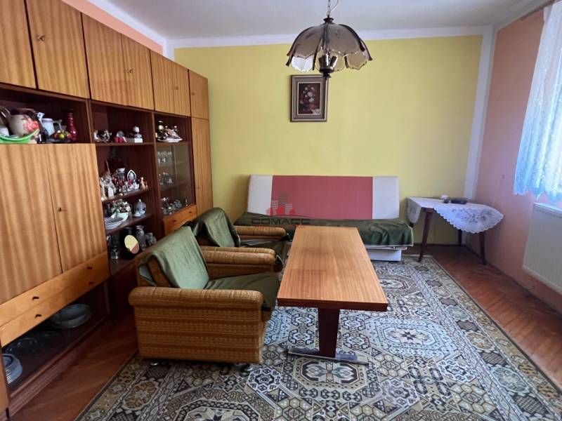 Nappali egy családi házban retro bútorokkal, zöld fotelekkel és nagy szőnyeggel.