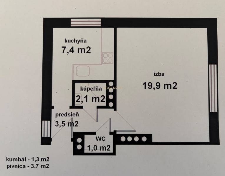 Egyszobás lakás alaprajza konyhával, fürdőszobával, WC-vel és előszobával.