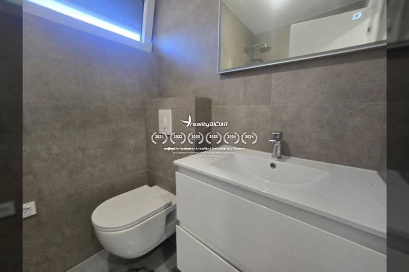 Fürdőszoba a Villában mosdóval, függesztett WC-vel és nagy tükörrel.