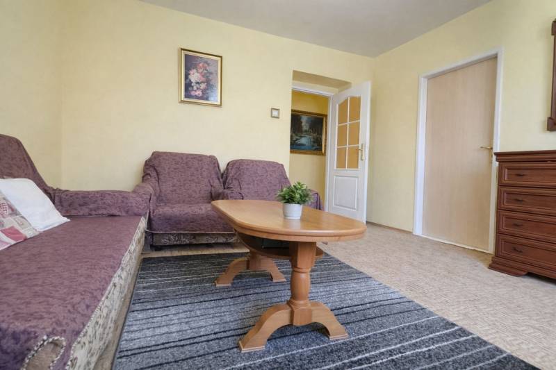 Nappali kanapéval, fotellel, szőnyeggel és asztallal egy kétszobás lakásban, fa dekorációjú padlóval.