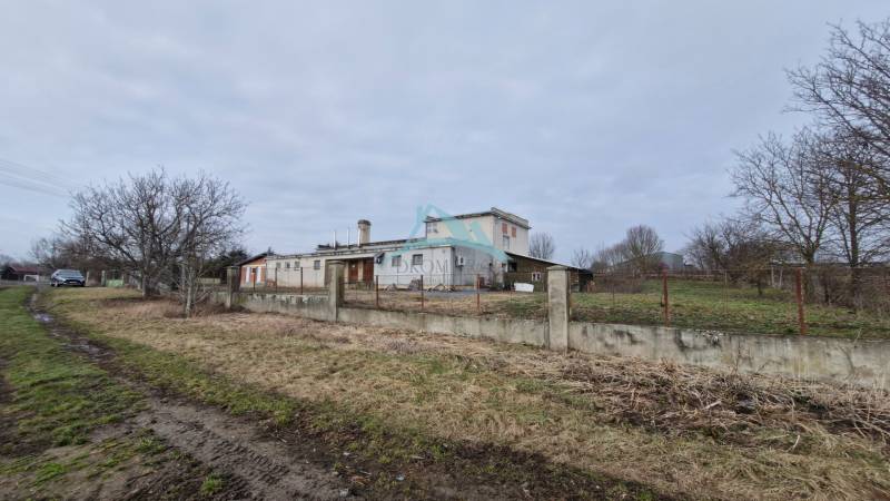 Gyártóhelyiségek Leseniceben bekerített telekkel, poros út és fák mellett.