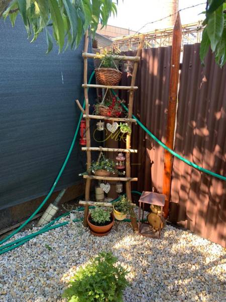 Kertek Nyitra Alsókrškánban díszlétrával és virágtartókkal kavicsos alapon.