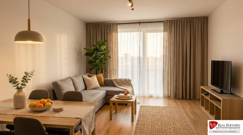 Nappali egy kétszobás lakásban fa dekorációjú padlóval.