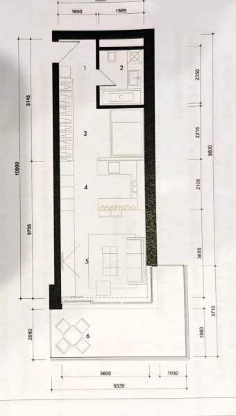 1 szobás lakás alaprajza konyhával, fürdőszobával, terasszal és nappalival.