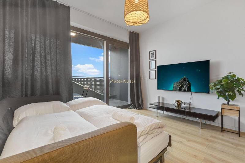 Egyszobás lakás ággyal, televízióval, növénnyel és fa dekorációjú padlóval.