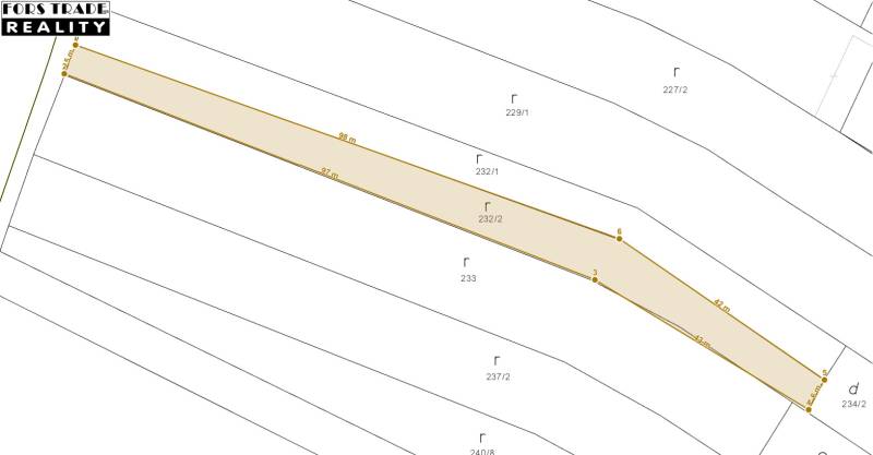 Lakóövezeti telkek térképe Tešedíkovóban, a 232/2-es parcella számot mutatja.