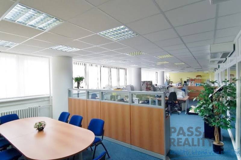 Irodák kék szőnyeggel, nagyméretű ablakokkal, elválasztott munkaterületekkel, konferenciaasztallal.