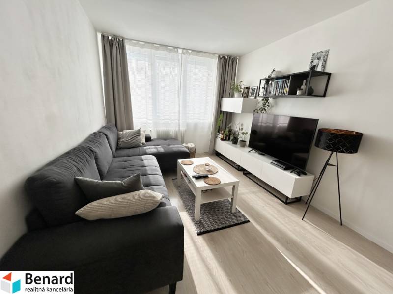 Nappali egy kétszobás lakásban fa mintázatú padlóval és kanapéval.