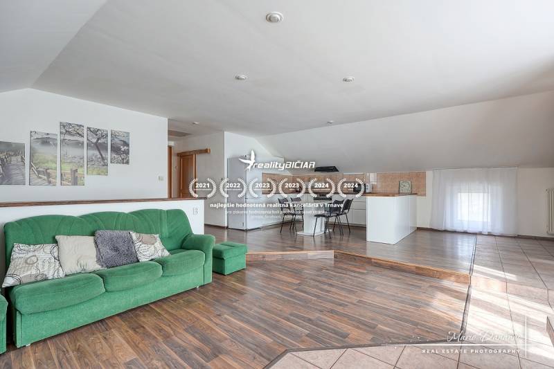 Családi ház belső tere kanapéval, konyhasarokkal és fa dekorációjú padlóval.