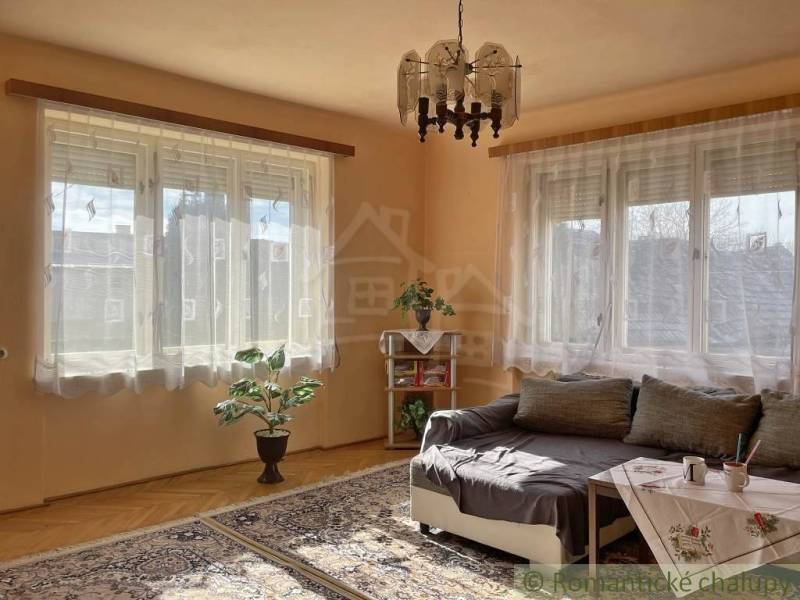 Nappali egy családi házban kanapéval, asztallal, virággal és fa dekorációjú padlóval.