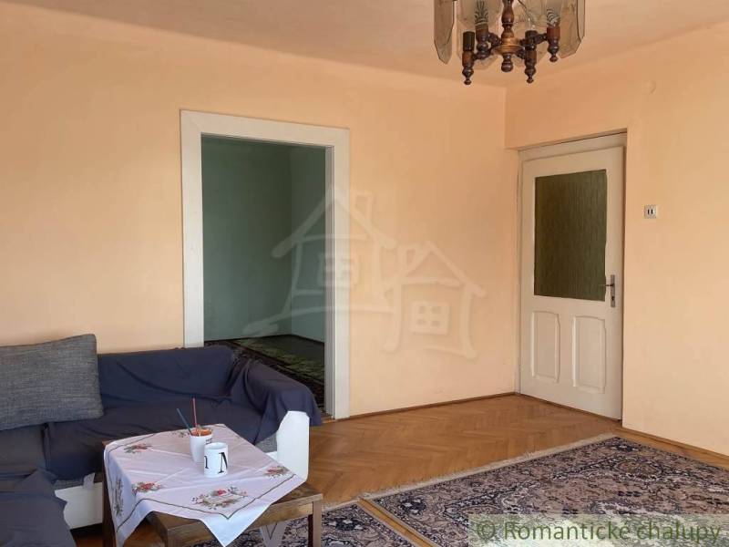 Nappali egy családi házban, fa dekor padlóval, kanapéval és szőnyeggel.