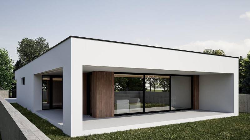 Családi ház Nesvadyn nagy ablakokkal és fa burkolattal a kertben.