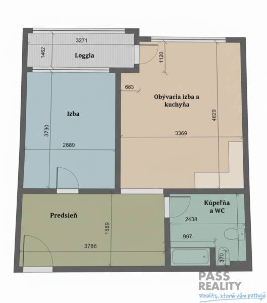 2 szobás lakás alaprajza loggiával, előszobával, nappalival, fürdőszobával és hálószobával.