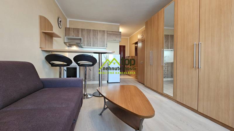 Garzonlakás kanapéval, konyhasarokkal, fa mintázatú padlóval és beépített szekrényekkel.