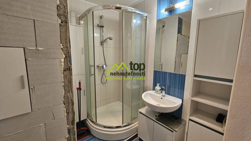 Fürdőszoba sarokzuhanyzóval, mosdóval és tükörrel, garzonlakáshoz alkalmas.