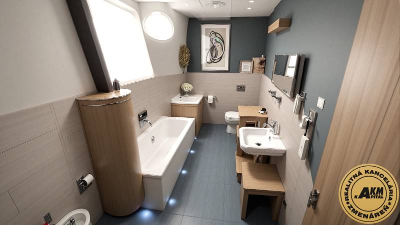 Fürdőszoba családi házban mosdóval, káddal és WC-vel. Fa dekoros padló.