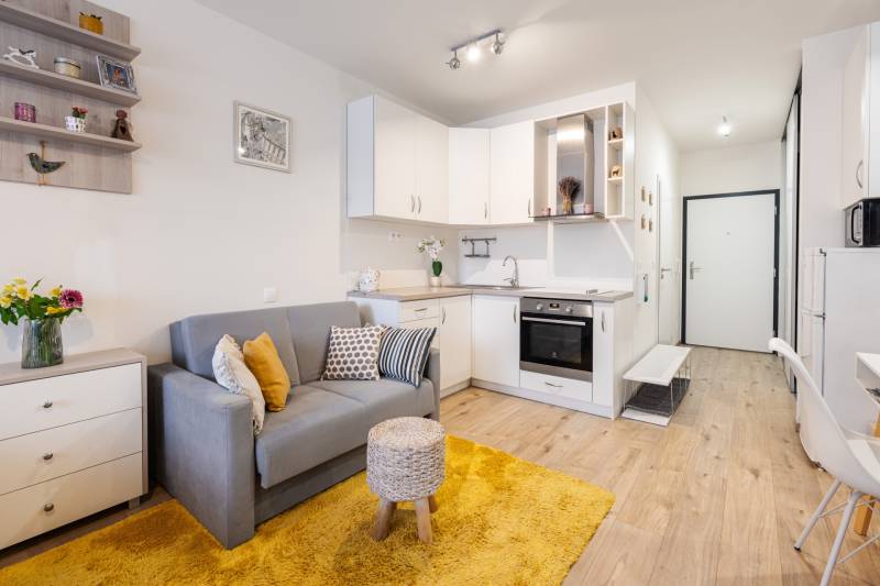 Kompakt egy szobás lakás konyhasarokkal, szürke kanapéval és fa mintázatú padlóval.