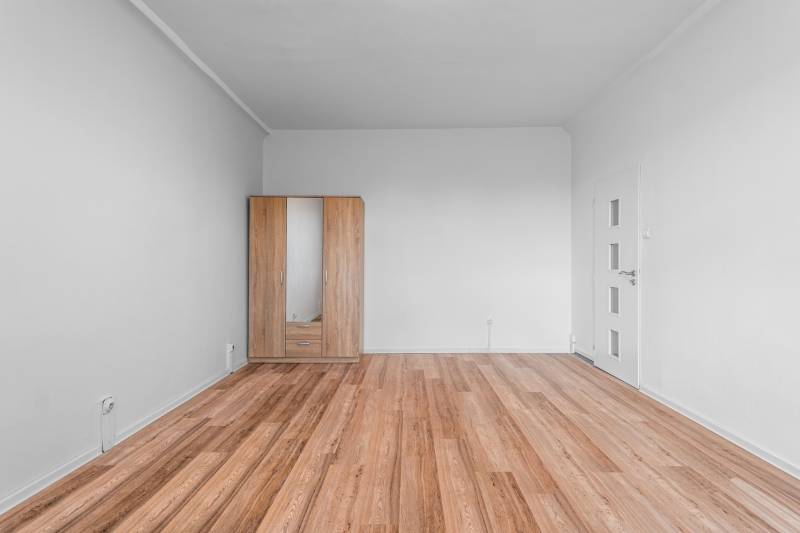 Izba s bielymi stenami, podlaha s dreveným dekorom, šatník so zrkadlom, 1-izbový byt.