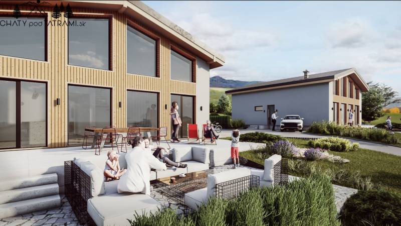 Alsólehoti ház terasszal és ülőhellyel, természet által körülvéve és modern építészettel.