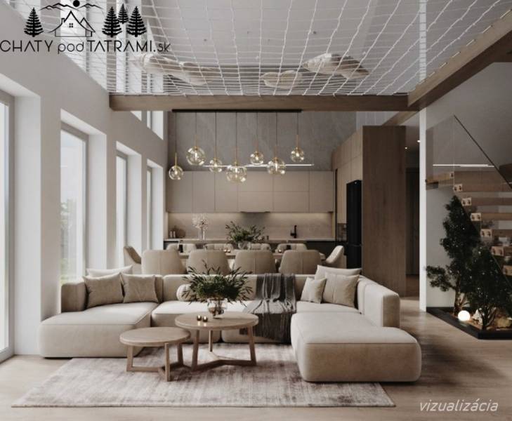 Elegáns nappali a fahatású padlóval rendelkező házikóban, modern bútorokkal.