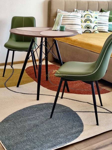 1 szobás lakás belső tere színes szőnyeggel, asztallal és zöld székekkel, dekoratív padlóval.