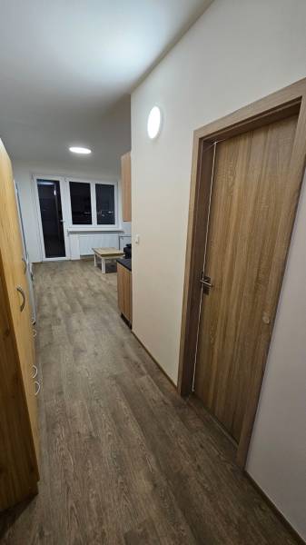 Garzonlakás fa dekor padlóval, fehér falakkal és bútorokkal.