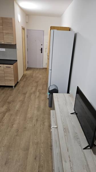 Garzonlakás fa mintázatú padlóval, konyhabútorral, hűtőszekrénnyel és televízióval.