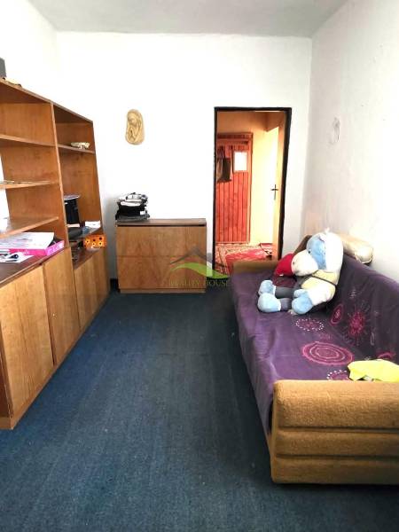 Családi ház szőnyeggel, kanapéval és polcokkal. Gyerek mackó a kanapén.