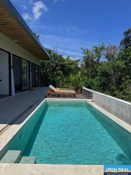 Családi ház Amedében medencével és napozóágyakkal ellátott terasszal, zölddel körülvéve.