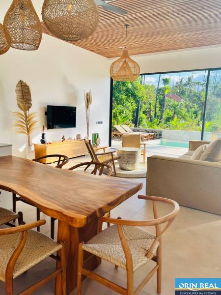 Családi ház fa mintázatú padlóval, fonott lámpákkal és kilátással a természetre.