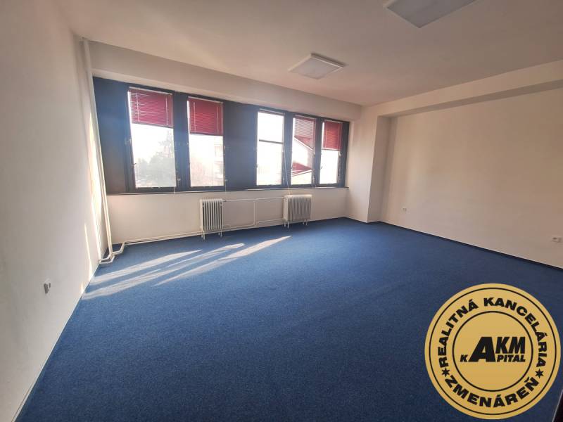 Iroda kék szőnyeggel és nagy ablakokkal, világos tér.