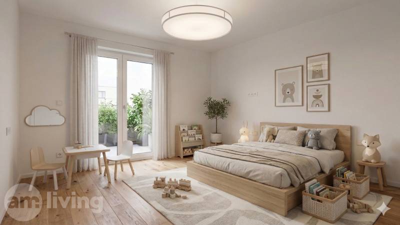 Gyerekszoba családi házban, fa mintázatú padlóval és játékokkal.