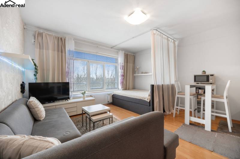 1 szobás lakás nappali része kanapéval, TV-vel, étkezőasztallal és ággyal.