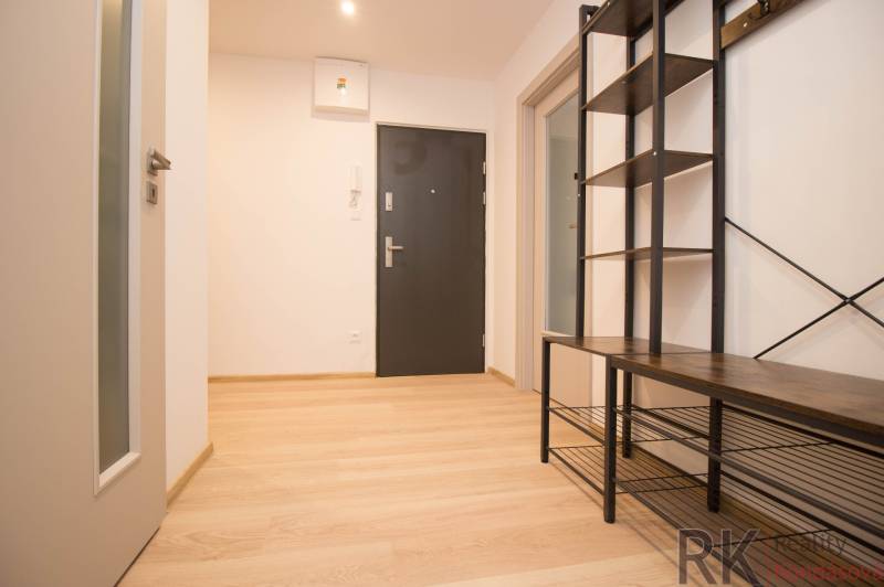 3 szobás lakás előszobája fa mintázatú padlóval és fém bútorokkal.