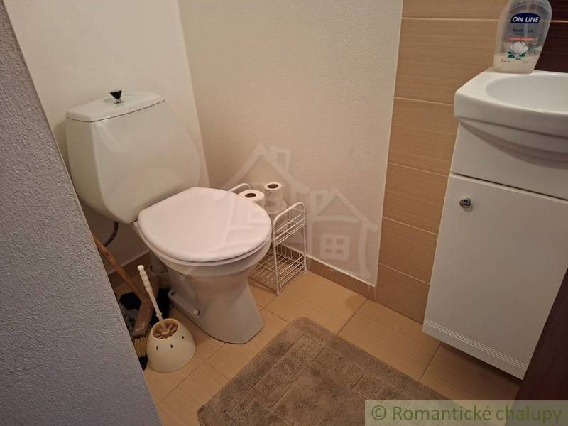 Fürdőszoba családi házban, WC-vel és mosdóval, fa dekorációjú padlóval.